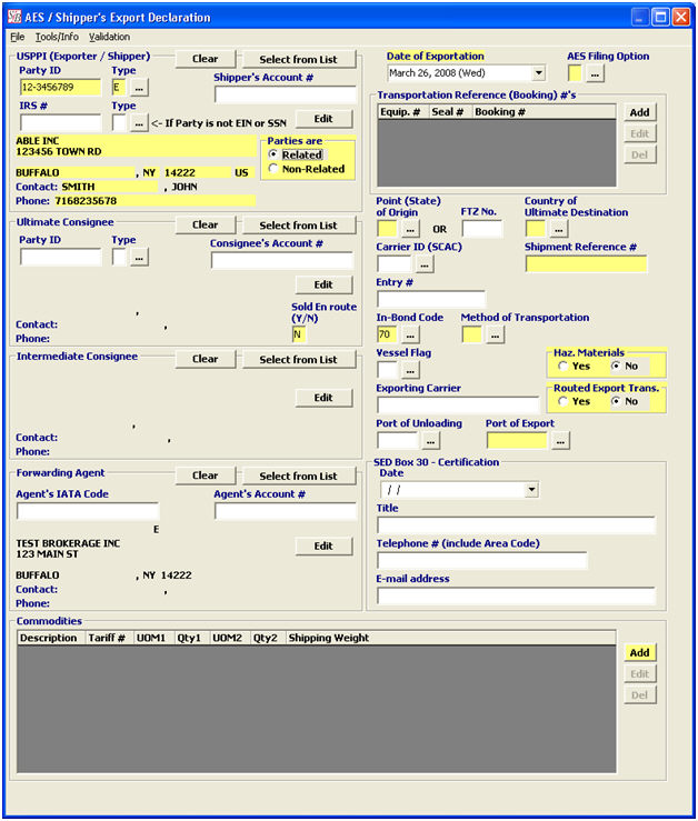 Completed Aes Filing Example AES Main Screen