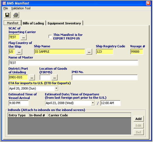 AMS Manifest Main Screen